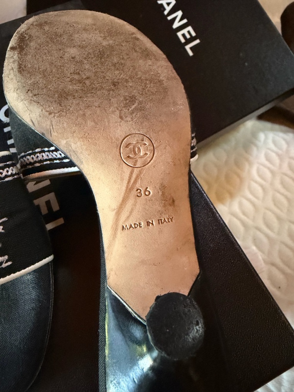 CHANEL Black Slide Sandals with White Logo Stitching - Picture 2 of 3